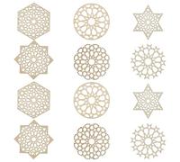 Ipotkitt 12pcs 6 Styles Boho Themed Wooden Cup Mats Star Flat Round Flower Shaped Wood Coasters Hollow Drink Mats for Desk Table Coffee Bar Home Decor