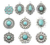 Ipotkitt 20 pcs 10 Styles Alloy Flower Pave Synthetic Turquoise Charms Antique Silver Bohemian Floral Daisy Metal Charms for DIY Jewelry Bracelets Earrings Necklaces Crafts