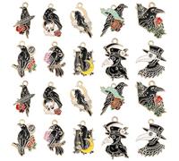 Ipotkitt 20 Pcs 10 Styles Black Enamel Crow Skull Charms Alloy Gothic Themed Bird Charms Flying Animal Raven Skull Rose Charms for Halloween Jewellery Making
