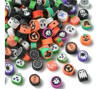 Ipotkitt 200 Pcs 2 Styles Handmade Halloween Polymer Clay Beads Skull Ghost Spider Pumpkin Round Beads Colorful Gothic Heishi Beads for DIY Jewellery Making Decor