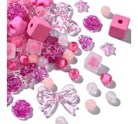 Ipotkitt 200 Pcs Mix Random Hot Pink Themed Beads Acrylic Assorted Beads Plastic Bowknot Flower Star Round Beads for DIY Keychain Bag Jewellery Making