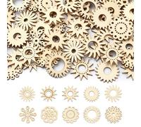 Ipotkitt 200pcs Random Undyed Spring Themed Wooden Cutouts Kit Sun Star Flower Wood Pieces Unfinished Flat Round Ornaments for DIY Craft Home Decor