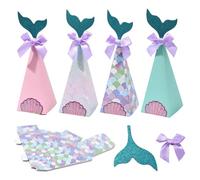 Ipotkitt 20pcs 4 Colours Mermaid Tail Shape Cardboard Boxes Ocean Theme Cone Wrapping Bags 3D Foldable Boxes for Display Presents Candies Cookies