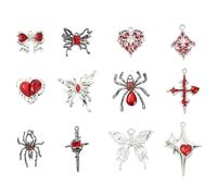 Ipotkitt 24 pcs 12 Styles Red Rhinestone Goth Theme Enamel Charms Gothic Butterfly Bow Cross Charms for Jewelry DIY Crafts Earrings Bracelet Necklace Keychains Bag Decor
