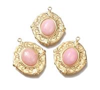Ipotkitt 3 pcs Pink Natural Gemstone and Golden Color 304 Stainless Steel Oval Charms Flower Bezel Vintage Charms for DIY Jewelry Making Necklace Bracelet Earrings Crafts