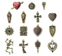 Ipotkitt 30 pcs 15 Styles Antique Bronze Gothic Theme Alloy Charms Tibetan Style Halloween Heart Skull Cross Rose Charms for DIY Jewelry Making Crafts Bracelet Earrings Necklace