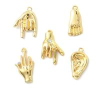 Ipotkitt 30 Pcs 5 Styles Metal Rhinestone Body Part Charms Gold Hand Ear Foot Shaped Charms Hip Hop Theme Hand Gesture Charms for DIY Jewellery Making