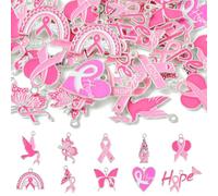 Ipotkitt 40 Pcs 10 Style Alloy Enamel Pink Ribbon Theme Charms Breast Cancer Awareness Charms Mixed Shapes Bird Rainbow Heart Charms for DIY Jewelry Making