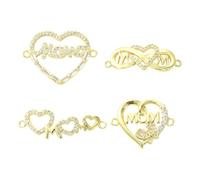 Ipotkitt 4pcs 4 Styles Brass Pave Cubic Zirconia Heart Connector Charms Mom Mother's Day Love Link Charms for Jewellery Making Bracelet Necklace Earrings DIY Crafts