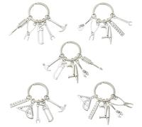 Ipotkitt 5 pcs Mixed Styles Tool Theme Alloy Hanging Charms with Iron Rings Hammer Wrench Shape Charms Key Rings for DIY Crafts Keychains Bag Purse Car Decor