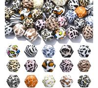 Ipotkitt 50 Pcs 14mm Random Silicone Hexagon Beads Animal Pattern Focal Beads Cow Giraffe Leopard Print Chunky Beads for DIY Beadable Keychain Jewellery Making