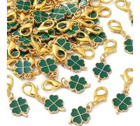 Ipotkitt 50 Pcs Alloy Enamel Four Leaf Clover Stitch Markers St Patricks Day Lobster Clasp Charms Green Plant Clip-on Charms for Keychain Purse Backpack Ornaments