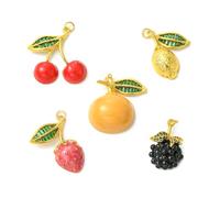 Ipotkitt 5pcs 5 Styles Brass Enamel Fruit Charms with Rhinestone Cherry Strawberry Lemon Shape Charms for DIY Necklace Bracelet Art Craft Supplies Jewellery Making