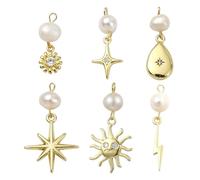 Ipotkitt 6 pcs 6 Styles Brass Micro Pave Cubic Zirconia Natural Pearl Celestial Charms Flower Star Sun Drop Charms for Jewelry Bracelets Earrings Necklaces Keychains Bag DIY Crafts