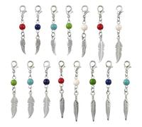 Ipotkitt 60 Pcs 15 Styles Synthetic Turquoise Bead Feather Charms Feather Charms with Clasps Colourful Stitch Markers for DIY Jewellery Making Weaving Sewing