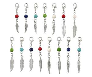 Ipotkitt 60 Pcs 15 Styles Synthetic Turquoise Bead Feather Charms Feather Charms with Clasps Colourful Stitch Markers for DIY Jewellery Making Weaving Sewing