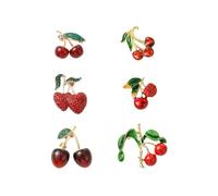 Ipotkitt 6pcs 6 Styles 3D Cherry Resin Brooches Red Fruit Pins with Rhinestone Golden Colour Metal Food Badges for DIY Crafts Clothes Decor Ornaments