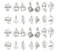 Ipotkitt 70 Pcs 14 Styles Antique Silver Heart Charms Vintage Heart Shaped Love Word Romantic Valentine Themed Charms for Jewellery Making Wedding