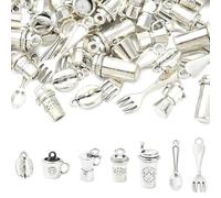 Ipotkitt 70pcs 7 Styles Antique Silver Coffee Theme Charms Tibetan Style Drink Cup Pot Spoon Fork Charms for DIY Jewellery Crafts Bracelet Necklace Earrings Decor