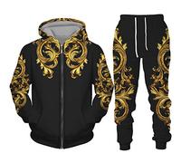 IPOVOQ Men's Tracksuit Set Gold Chain 3D Printed Zipper Hoodie Jogger Pants Suit 2 Piece Set Casual Hooded Sweatshirt Set