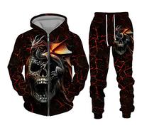 IPOVOQ Men's Tracksuit Set Horror Skull 3D Printed Zipper Hoodie and Jogger Pants Suit Two Piece Set Casual Hooded Sweatshirt Set