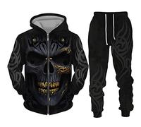 IPOVOQ Men's Tracksuit Set Horror Skull 3D Printed Zipper Hoodie and Jogger Pants Suit Two Piece Set Casual Hooded Sweatshirt Set