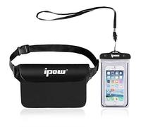 ipow Waterproof Bag Case with Adjustable Waist Strap & One-Piece Phone Pouch with Transparent Screen Touchable for Beach, Swimming, Boating, Fishing, Hiking(Black+Black)