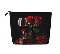 IPPONGET Red Rose and Wine Romantic Lovers Decor Print vanity bag Single-layer Makeup Bag with Zippered Pouches for Women Cute and Portable, Black, One Size, Black, One Size
