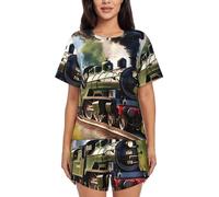 IPPONGET Steam Little Train Print Women Crew Neck Short Sleeve Pajama Sets 2 Piece Lounge Sets For Four Seasons, Black, M