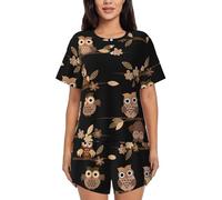 IPPONGET Womens 2 Piece Short Sleeve Crew Neck Owl Print Pajama Set Brown Sleepwear Four Seasons Black S