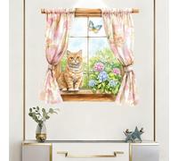 Iprokiu Cute Cat Fake Window Wall Decal Waterproof Cat Butterfly Flower Wall Sticker for Bedroom Nursery Living Room Peel and Stick Landscape Wall Decal Home Decor (Yellow Cat)