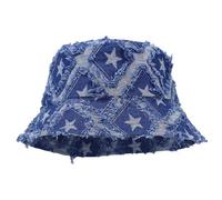 IPUDIS Vintage Denim Bucket Hat Women Men - Trendy Ripped Frayed Edge Star Design Sun Hat Summer Outdoor Travel Fisherman Cap for Girls Boys Teens Navy Blue 56-58cm