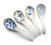 IQCWOOD 4pcs Asian Ceramic Soup Spoons, Japanese Style, Blue & White, 6.3" L x 1.8" W, Dishwasher Safe