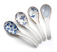 IQCWOOD Ceramic Asian Soup Spoons, Blue and White Japanese Spoon for Soup Rice Ramen Pho Wonton Dumpling Miso, Deep Oval Hook Design, Gifts for Friends Parents Family