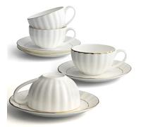 IQCWOOD Tea Cup and Saucers, 6.09oz Tea Cups with Gold Trim, Porcelain Bone China Teacup, Coffee Cappuccino Espresso for Party, Party Cafe Home, Mother's Day Gift (White)