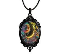 IQIC Gothic Rose Glass Necklace for Women Bat Pendant Necklace Rope Chain Black Cat Necklaces Sun and Moon Choker Dark Punk Style Cameo Necklaces Set Halloween Witch Jewelry, L, Plastic, No Gemstone