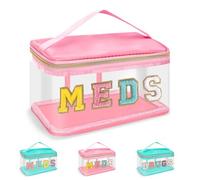 Iqimott Chenille Letter Patch Bag Clear MEDS Drugs Pouch, Preppy Portable Cosmetic Makeup Bag, JK-Pink-Meds