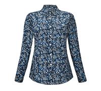 IQOCOOL Womens's Tops Casual Long Sleeve Button Up Hawaiian Shirts Elegant Work Blouses, Navy Blue Paisley Sunflower, X-Large