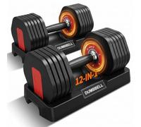 IQOUNIX Adjustable Dumbbell Set (2x12kg) Dumbbell Pair with Quick Dial Safety Lock, 12-in-1 Weights Dumbbells Set, Space Saving Free Weights for Home Gym Strength Training, Red/Black