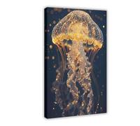 IQTFHGB Bioluminescent Jellyfish Art - Golden Surreal Ocean Decoration Canvas Poster Wall Art Decor Print Picture Paintings for Living Room Bedroom Decoration 12x18inch(30x45cm)
