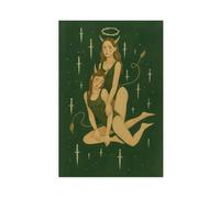 IQTFHGB Green Minimalist Gothic Dark Angel And Devil Sisters Canvas Poster Bedroom Decor Landscape Office Room Decor Gift 08x12inch(20x30cm)
