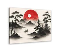 IQTFHGB Minimalist Japanese Style Mountain Red Sun Landscape Ink Painting Canvas Poster Bedroom Decor Landscape Office Room Decor Gift 12x18inch(30x45cm)