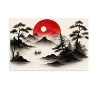 IQTFHGB Minimalist Japanese Style Mountain Red Sun Landscape Ink Painting Canvas Poster Bedroom Decor Landscape Office Room Decor Gift 16x24inch(40x60cm)