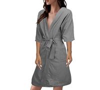 IQYU Bathrobe Women's Lightweight Thin Linen Bathrobes Short Sleeve Sleepwear Summer Dressing Gown with Belt Leisure Suit Lightweight Travel Bathrobe Sauna Sleeping Robe / Sauna Gown Sleepwear, gray,