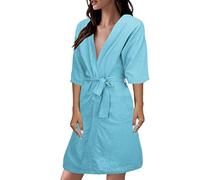 IQYU Bathrobe Women's Lightweight Thin Linen Bathrobes Short Sleeve Sleepwear Summer Dressing Gown with Belt Leisure Suit Lightweight Travel Bathrobe Sauna Sleeping Robe / Sauna Gown Sleepwear, blue,