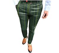 IQYU Chino Trousers Men's Slim Fit Casual Trousers with Pockets Fashion Casual Pinstripe Striped Breathable Outdoor Trousers Stretch Lightweight Business Suit Trousers Party Trousers, Green, S