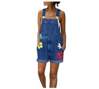 IQYU Denim Dungarees Women's Short Oversize: Dungarees For Women Jeans Loose 90s Jeans Summer Short Denim Dungarees Flower Jumpsuit Vintage Loose Fit Trousers Suit Bib Shorts Summer Shorts Denim