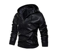 IQYU Leather Jackets For Men Splice Comfort Solid Color Zipper Coat Long Sleeved Outdoor Daily Gilet Men'S Trendy Leather Hooded Windbreaker Casual Comfy Slim Outwear Lightweight Overcoat Top