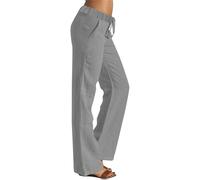 IQYU Linen Trousers Women's 7/8, Wide Leg Trousers Women's Beige Casual Trousers Plain Jogging Bottoms Fabric Trousers Women's Trousers Elegant Running Trousers Flowy Sweatpants Sweatpants Lightweight