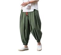 IQYU Men's Harem Trousers Simplicity Aladdin Trousers - Chinese Retro Style Wide Legs Yoga Trousers Pilates Martial Arts Kung Fu Tai Chi Thai Leisure Knickerbocker Worn Out Training Trousers, Army